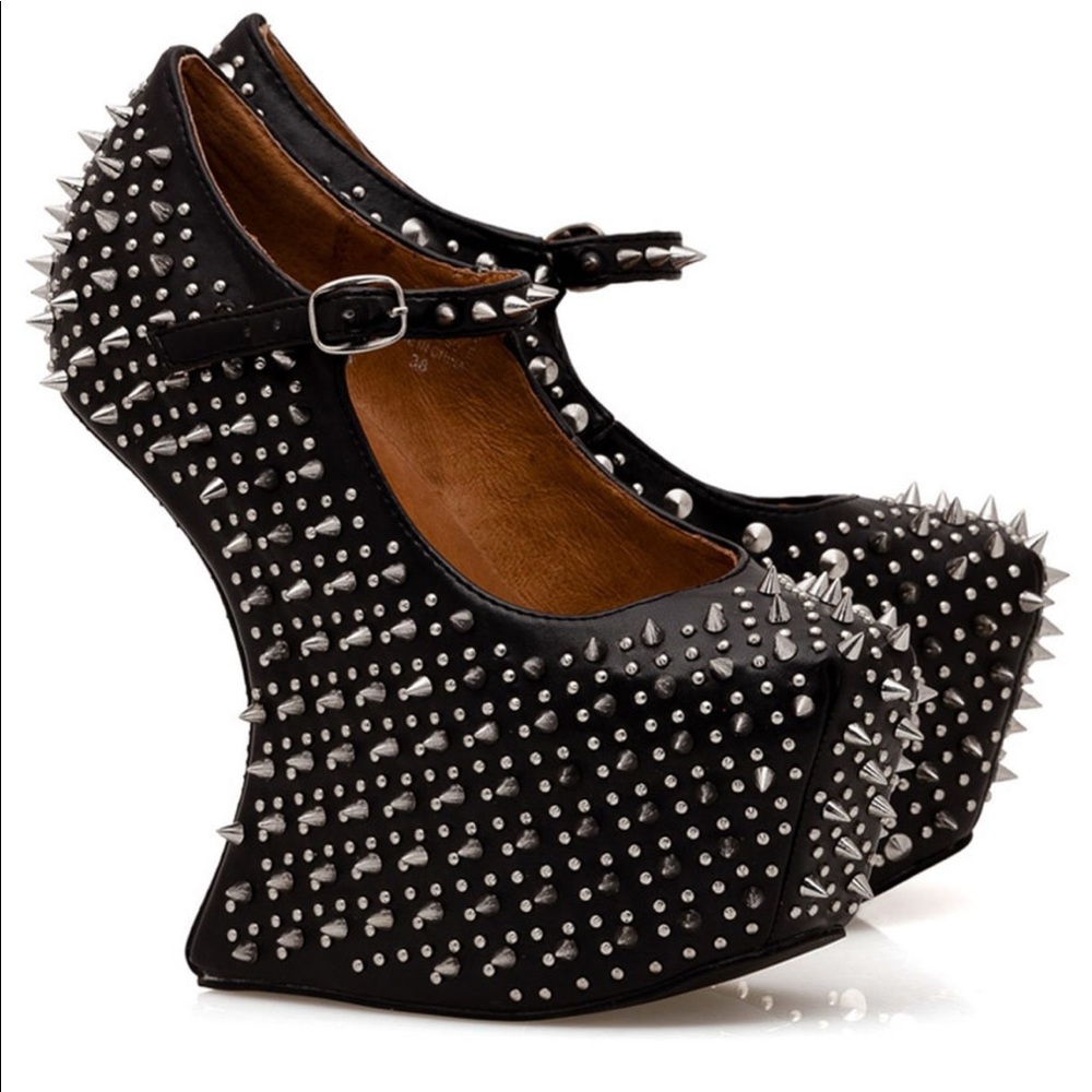 JEFFREY CAMPBELL | Prickly Platform Pumps  Black Silver Sudded/ Spiked Heel Less